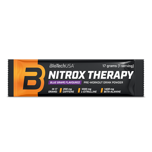 Bebida en polvo pre-entrenamiento Nitrox Therapy de BioTechUSA, con azúcar y edulcorantes, aminoácidos, vitaminas y minerales, y 200 mg de cafeína en una dosis diaria.