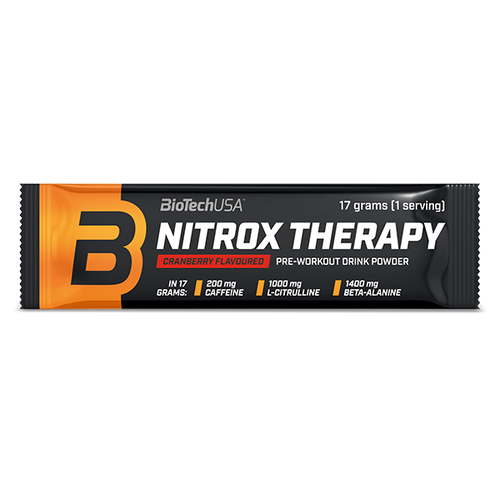 Bebida en polvo pre-entrenamiento Nitrox Therapy de BioTechUSA, con azúcar y edulcorantes, aminoácidos, vitaminas y minerales, y 200 mg de cafeína en una dosis diaria.